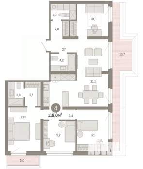 4-к квартира, вторичка, 118м2, 9/9 этаж