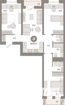 3-к квартира, вторичка, 95м2, 4/9 этаж
