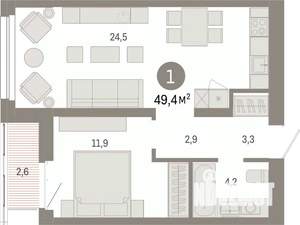 1-к квартира, вторичка, 49м2, 3/7 этаж