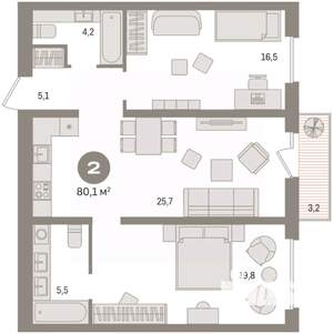 2-к квартира, вторичка, 80м2, 7/8 этаж