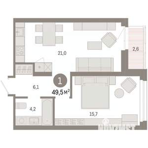 1-к квартира, вторичка, 50м2, 5/9 этаж