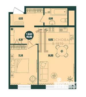 1-к квартира, вторичка, 46м2, 12/16 этаж