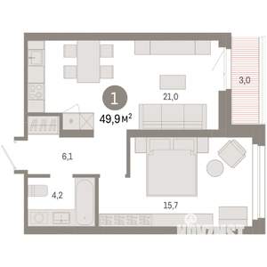 1-к квартира, вторичка, 50м2, 8/9 этаж