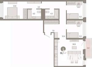3-к квартира, вторичка, 92м2, 3/9 этаж