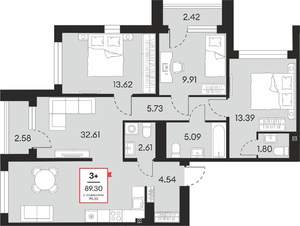 3-к квартира, вторичка, 89м2, 5/21 этаж