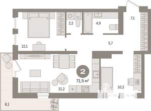 2-к квартира, вторичка, 71м2, 12/17 этаж