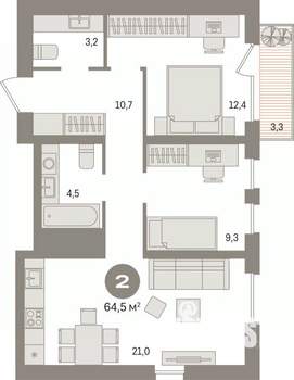 2-к квартира, вторичка, 65м2, 2/15 этаж