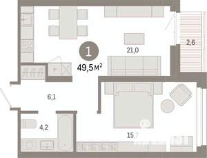 1-к квартира, вторичка, 50м2, 4/9 этаж