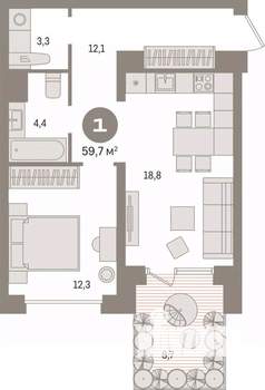 1-к квартира, вторичка, 60м2, 1/8 этаж
