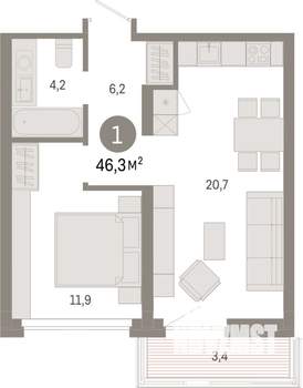 1-к квартира, вторичка, 46м2, 5/9 этаж