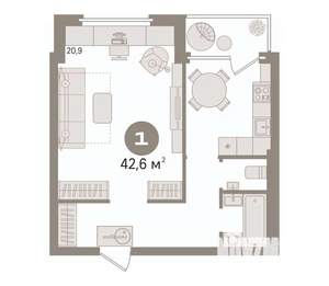 1-к квартира, вторичка, 43м2, 1/9 этаж