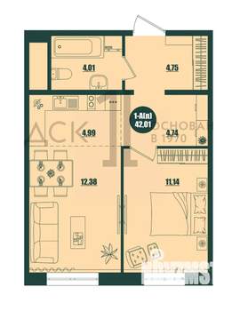 1-к квартира, строящийся дом, 42м2, 14/16 этаж
