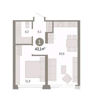 1-к квартира, вторичка, 43м2, 2/7 этаж