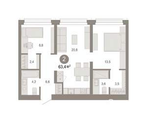 2-к квартира, вторичка, 63м2, 2/7 этаж