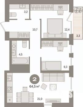 2-к квартира, вторичка, 65м2, 2/17 этаж