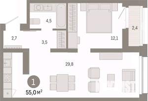 1-к квартира, вторичка, 55м2, 7/17 этаж