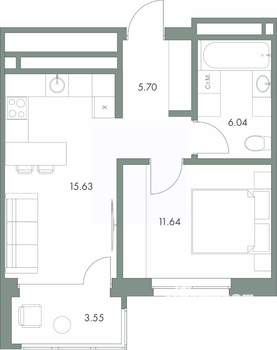 1-к квартира, вторичка, 43м2, 6/9 этаж