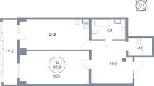1-к квартира, вторичка, 95м2, 6/25 этаж