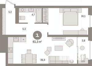 1-к квартира, вторичка, 61м2, 11/17 этаж