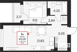 1-к квартира, вторичка, 43м2, 17/21 этаж