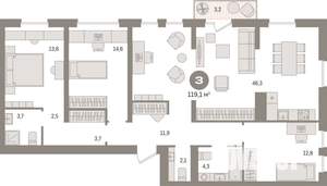 3-к квартира, вторичка, 119м2, 4/17 этаж