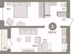 1-к квартира, вторичка, 51м2, 7/17 этаж