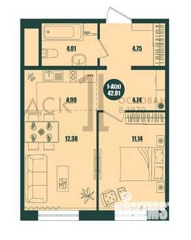 1-к квартира, вторичка, 42м2, 12/16 этаж