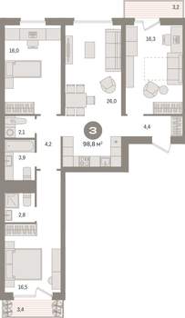 3-к квартира, вторичка, 99м2, 2/8 этаж