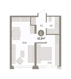 1-к квартира, вторичка, 43м2, 2/7 этаж