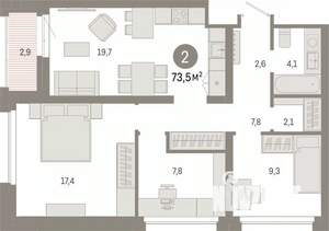 2-к квартира, вторичка, 74м2, 9/9 этаж