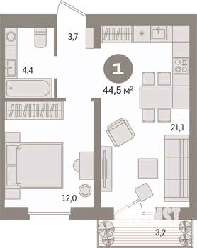 1-к квартира, вторичка, 44м2, 5/9 этаж