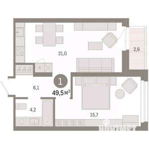 1-к квартира, вторичка, 50м2, 3/9 этаж