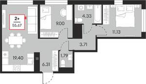 2-к квартира, вторичка, 56м2, 19/21 этаж