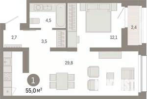 1-к квартира, вторичка, 55м2, 13/17 этаж