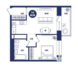 1-к квартира, строящийся дом, 45м2, 10/16 этаж