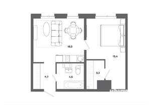 1-к квартира, вторичка, 44м2, 12/19 этаж