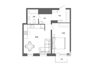 1-к квартира, вторичка, 45м2, 7/19 этаж
