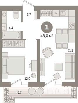 1-к квартира, вторичка, 48м2, 2/17 этаж