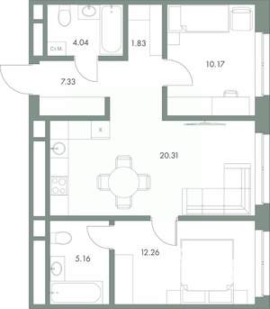 2-к квартира, вторичка, 61м2, 6/9 этаж