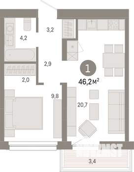 1-к квартира, вторичка, 46м2, 6/7 этаж