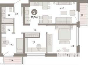 2-к квартира, вторичка, 80м2, 7/9 этаж