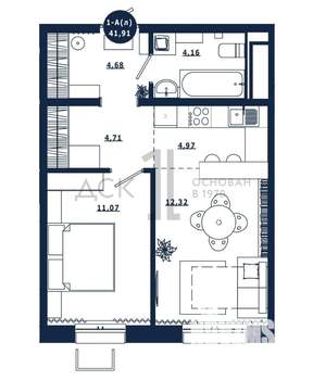 1-к квартира, вторичка, 42м2, 13/16 этаж