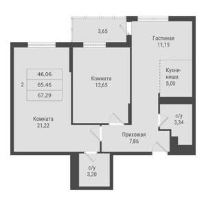 2-к квартира, вторичка, 67м2, 17/22 этаж