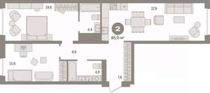 2-к квартира, вторичка, 85м2, 3/15 этаж