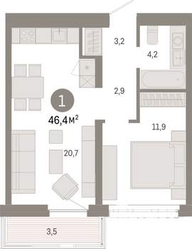 1-к квартира, вторичка, 46м2, 4/17 этаж