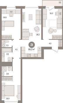 3-к квартира, вторичка, 95м2, 3/8 этаж