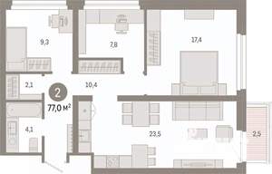 2-к квартира, вторичка, 77м2, 4/9 этаж