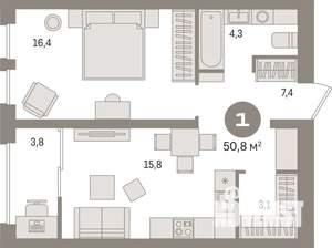 1-к квартира, вторичка, 51м2, 14/15 этаж