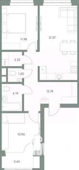 2-к квартира, вторичка, 68м2, 3/9 этаж