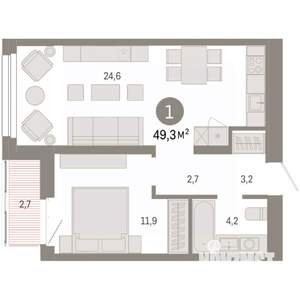 1-к квартира, вторичка, 49м2, 3/7 этаж